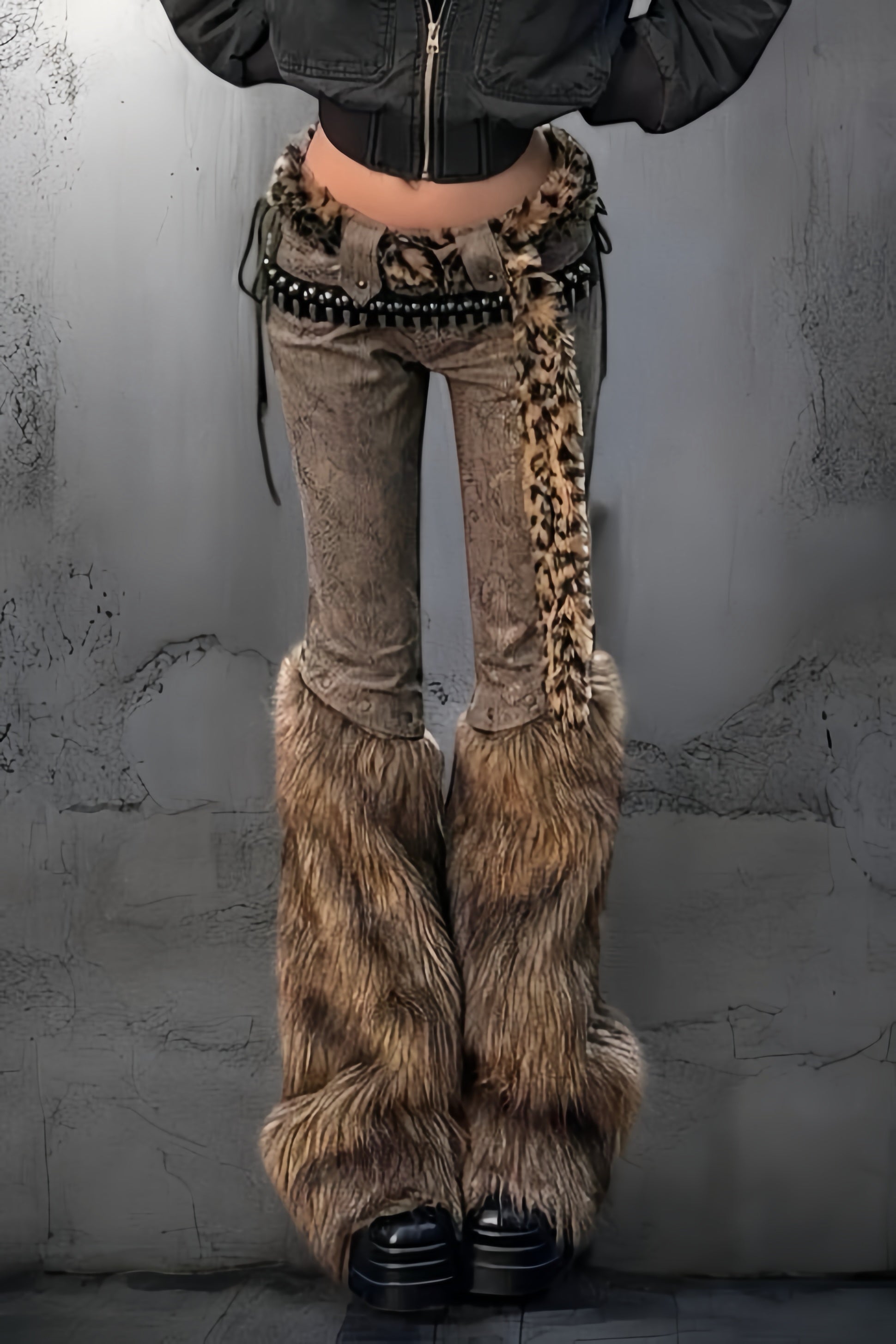 Grunge Faux Fur Detail Pants mry002174