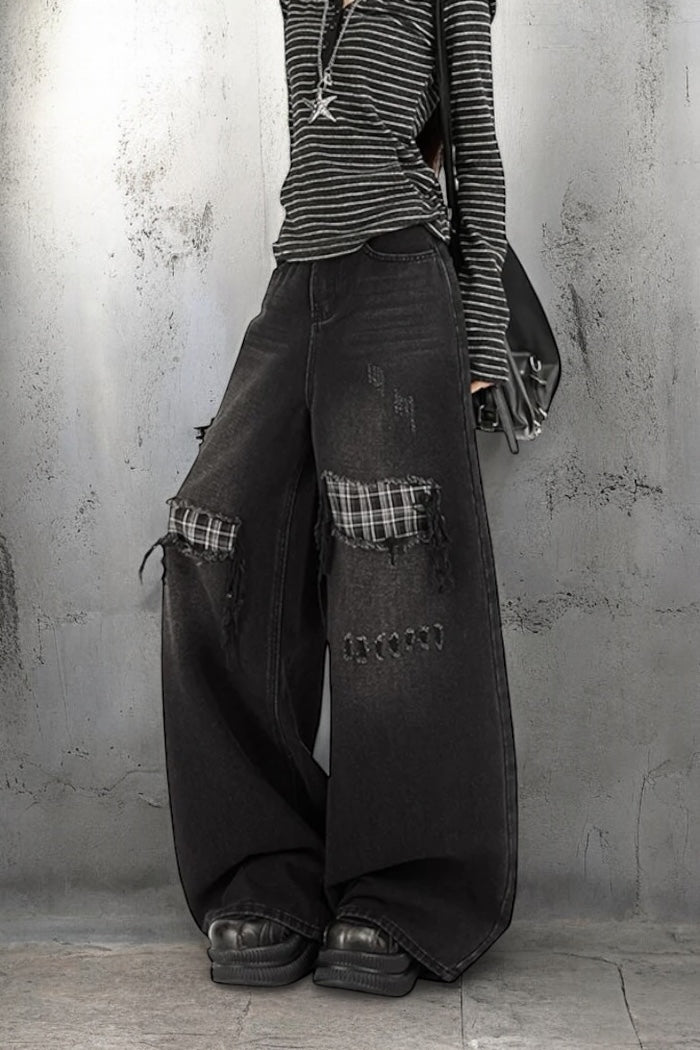 【COVER:FIT】Plaid Patch Ripped Wide-Leg Jeans mry001872