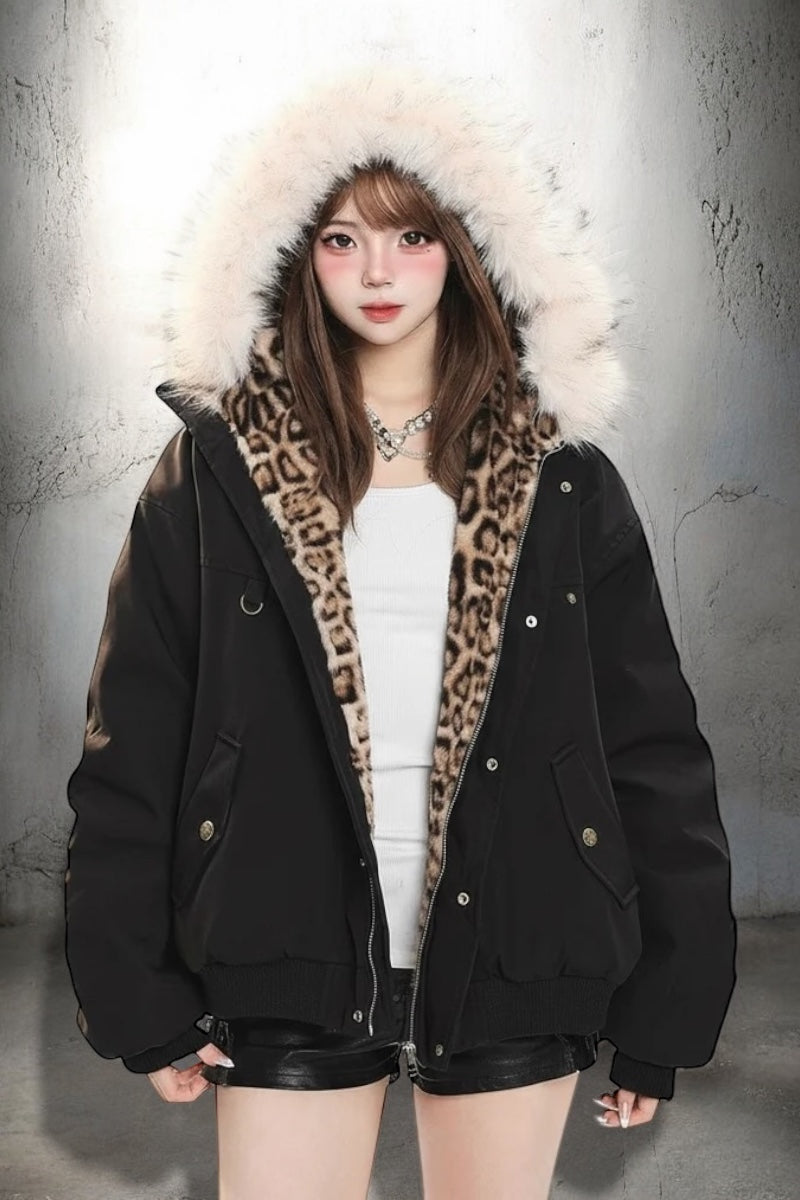 Leopard Lined Fur Hood Jacket mry002015