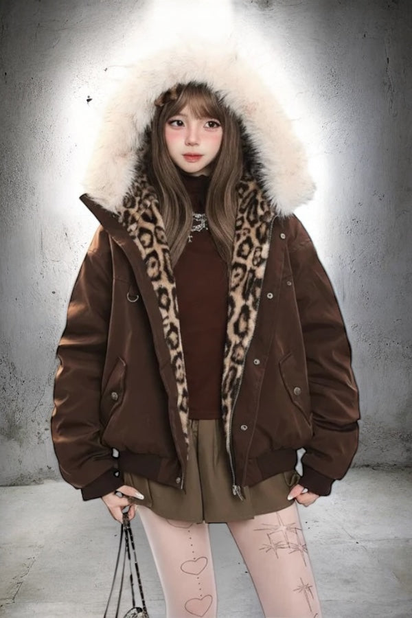 Leopard Lined Fur Hood Jacket mry002015
