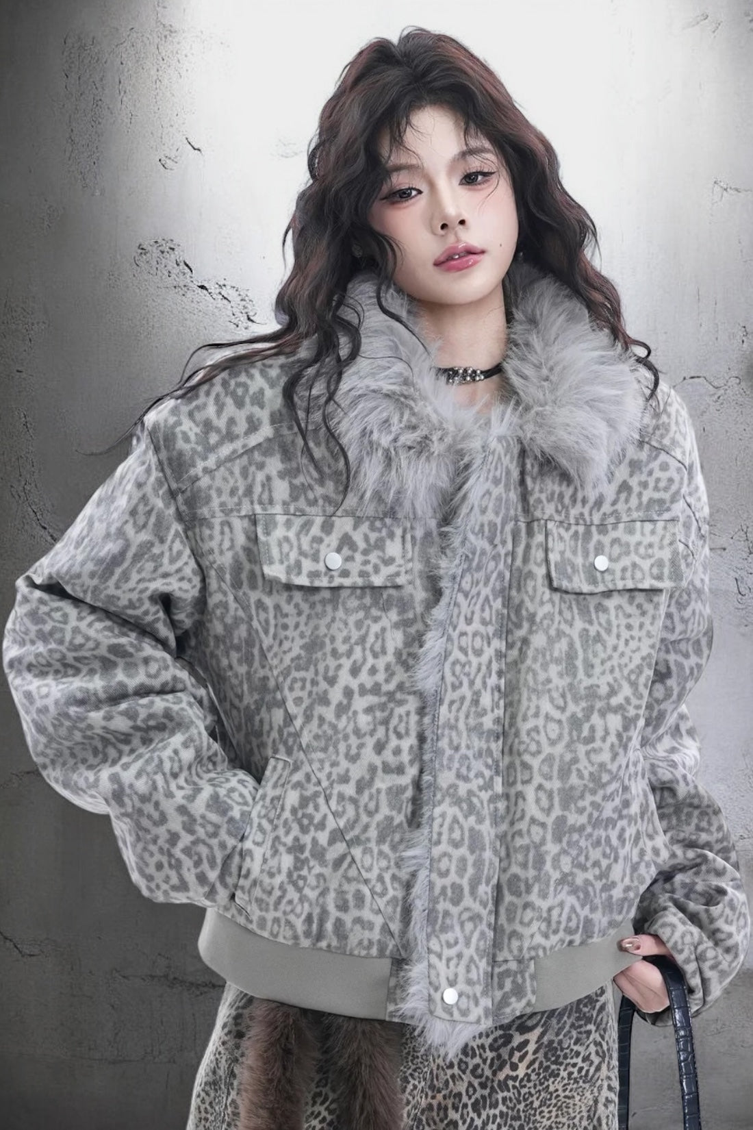 Leopard Faux Fur Trim Jacket mry002082