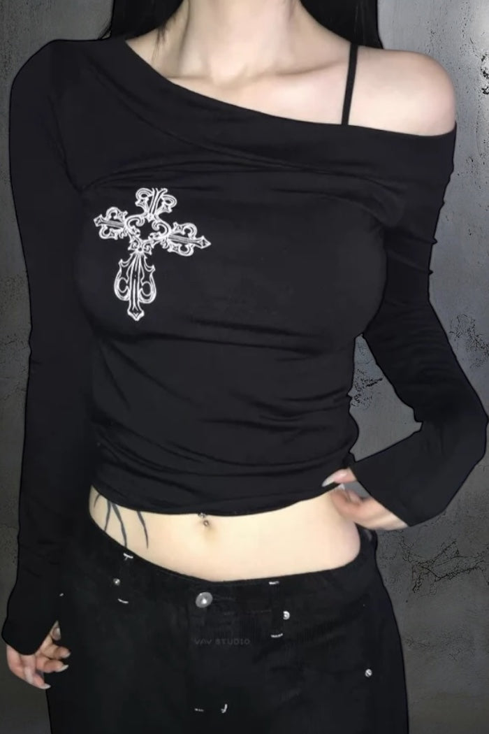 Off-Shoulder Cross Long Sleeve Top mry002186