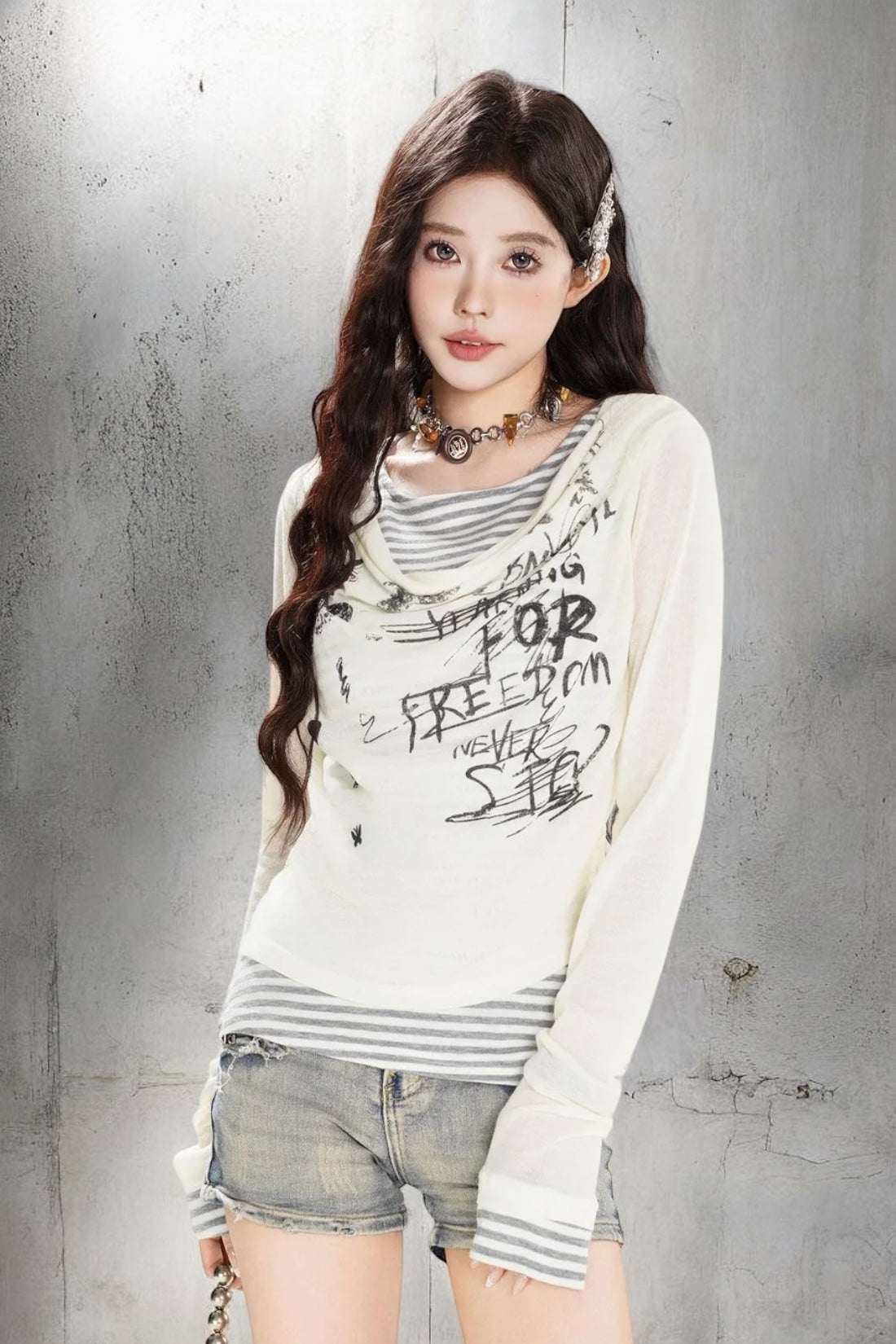 【2color】 Layered Graphic Mesh Long Sleeve Top mry001851