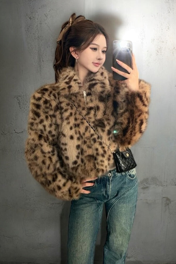 Leopard Faux Fur Zip Jacket mry002202