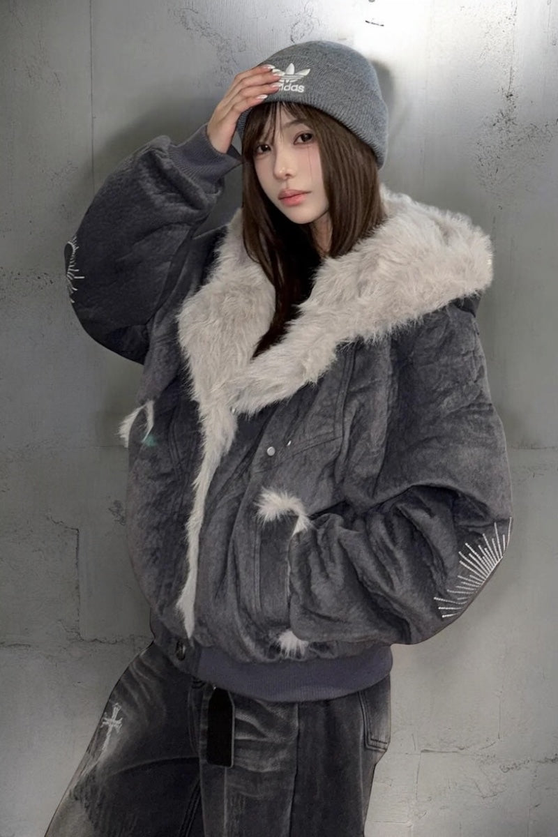 Grunge Faux Fur Hooded Bomber Jacket mry002193