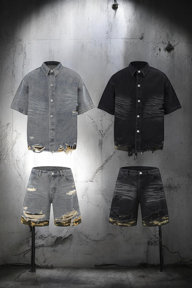 【2color / Set-Up】Camo Fade Distressed Denim Set-Up mry001757