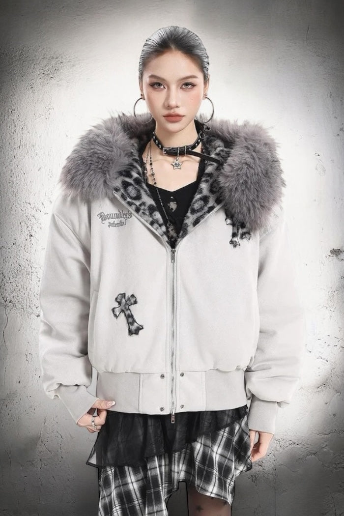 Leopard Lined Fur Hood Jacket mry002068