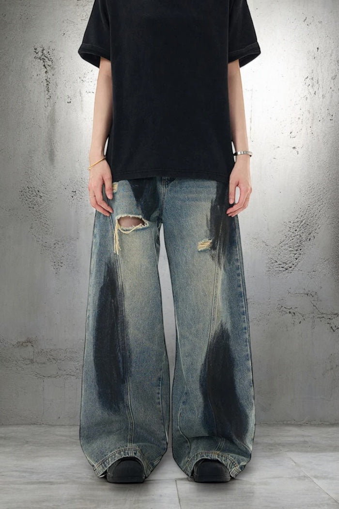 【COVER:FIT】Distressed Oil-Stained Wide-Leg Denim Pants mry001654