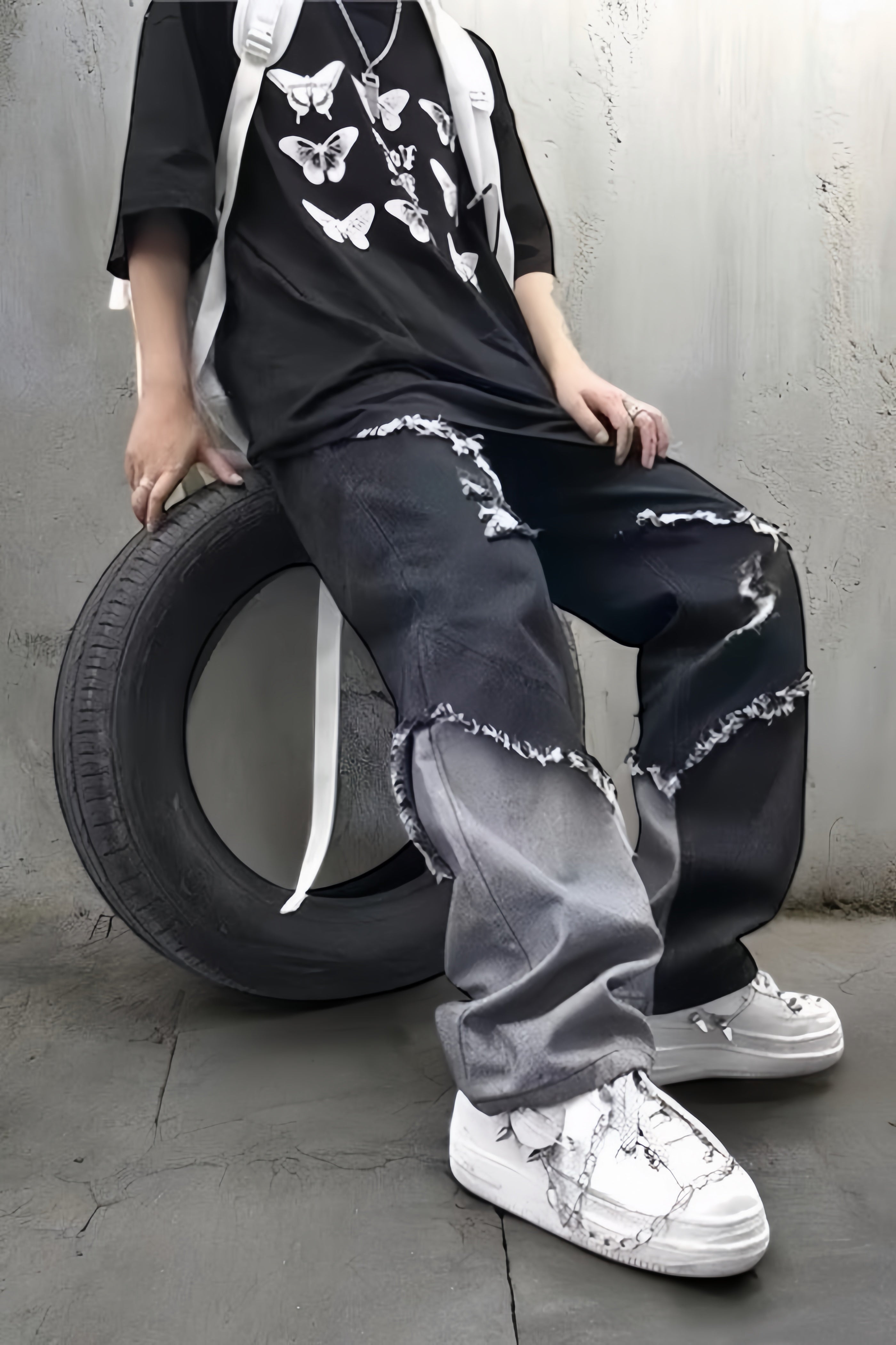 【Unisex】 Distressed Vintage Wide Denim Pants  mry001313