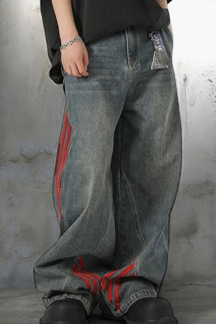 アメリカン 韓国ストリート 韓国カジュアル ライン入り ヴィンテージ デニムパンツ mry001397