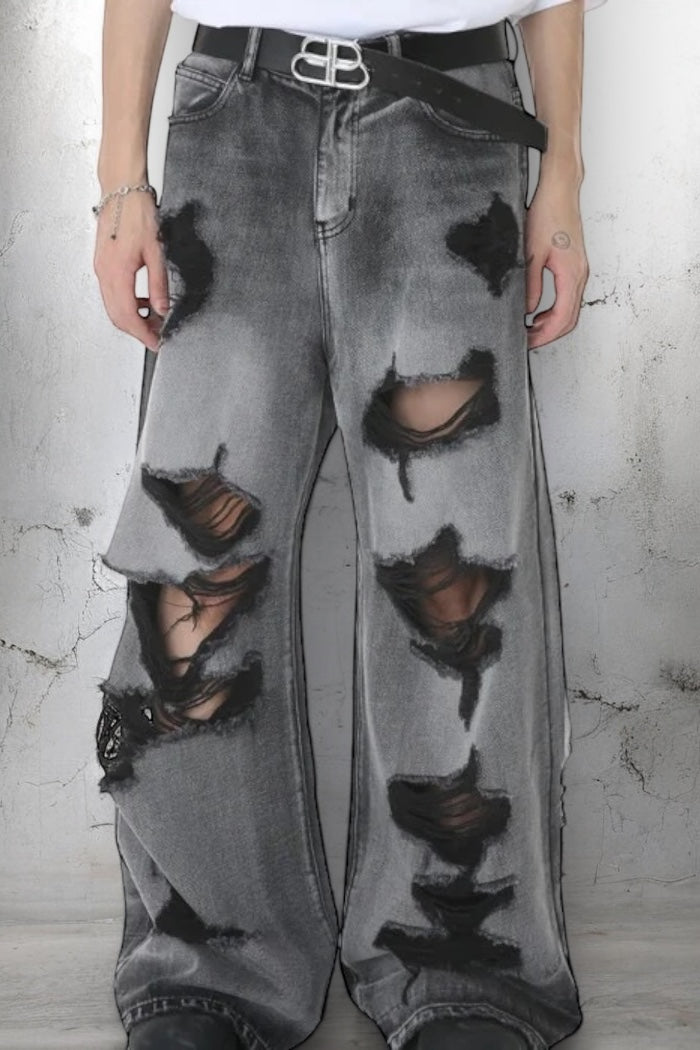 アメリカン 韓国ストリート 韓国カジュアル ダメージ加工 ワイドシルエット デニムパンツ mry001401