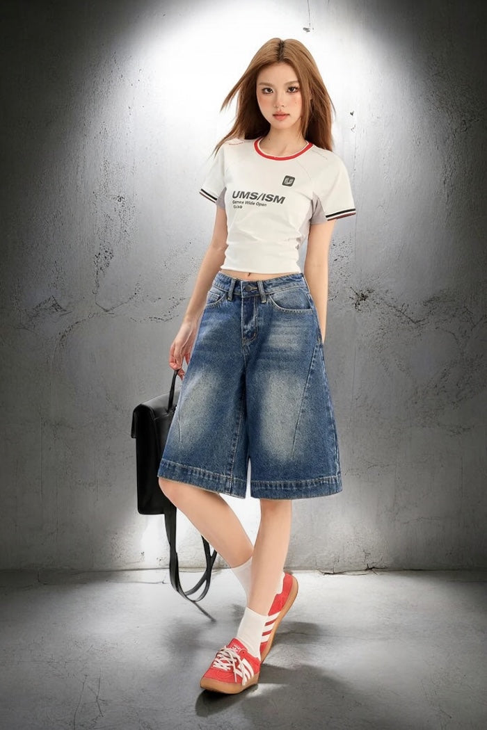 Retro Washed Wide-Leg Denim Shorts mry001752