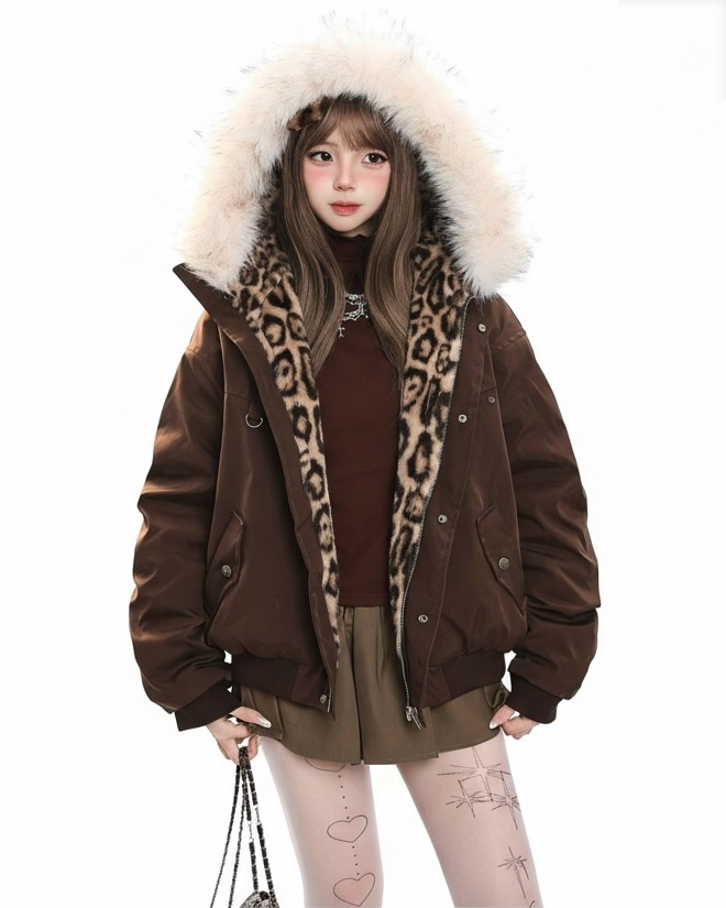 Leopard Lined Fur Hood Jacket mry002015