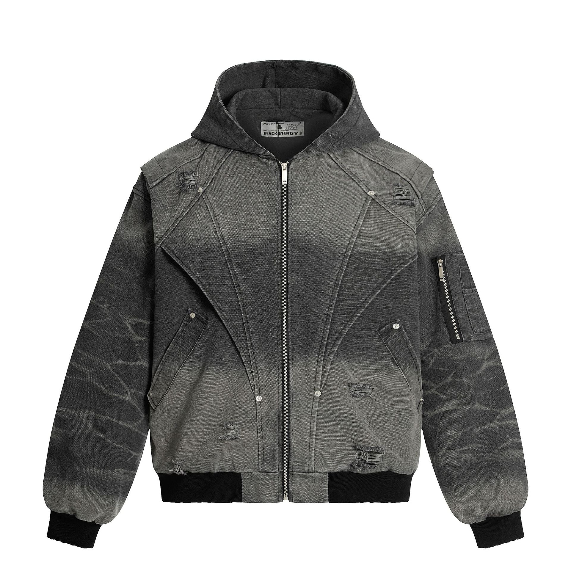 Washed Black Denim Hoodie Jacket mry001814