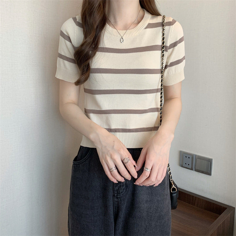 【送料無料】4カラー展開 2023SS ストライプ 半袖ニット Tシャツ 韓国カジュアル  mry000706