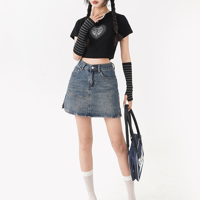 2023SS アームカバー付き クロップド丈 ハート プリント 半袖 Tシャツ 韓国ストリート韓国カジュアル　mry000852
