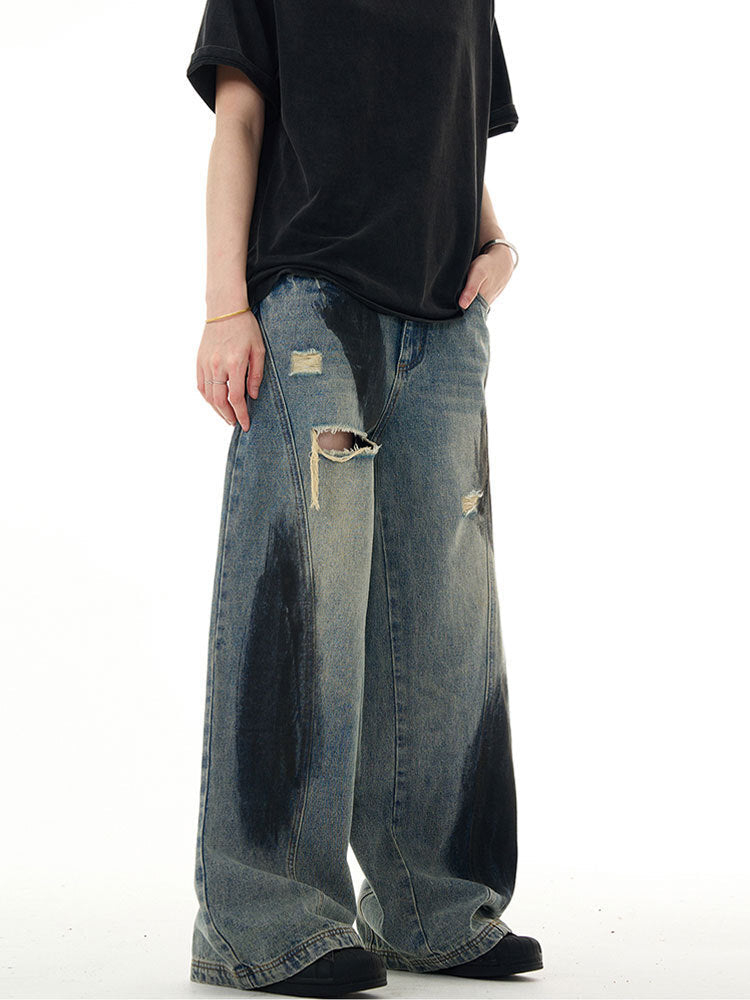 Distressed Oil-Stained Wide-Leg Denim Pants mry001654