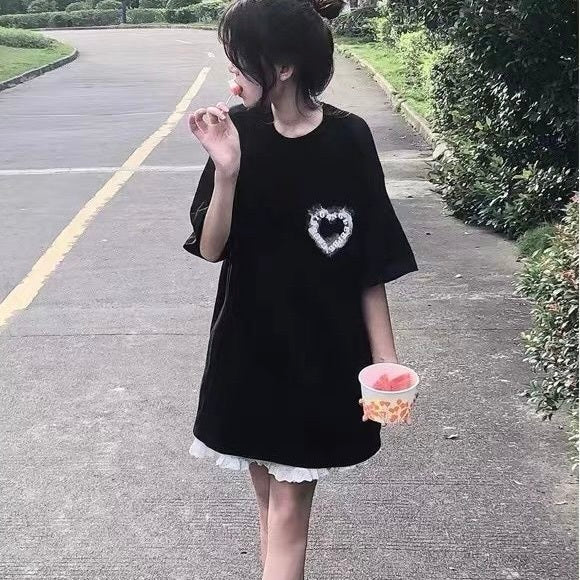 2023SS ハート グラフィック プリント ルーズ 半袖 Tシャツ 韓国ストリート 韓国カジュアル　mry000837