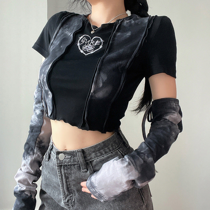 アームウォーマー付き ハートデザイン 半袖Tシャツ　夏秋 新作トップス mry000033