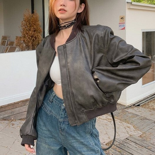 Leather Stand Collar Short Jacket　mry001003