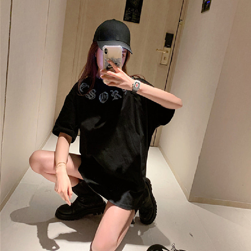 ２カラー展開 2023SS クロス ライン ストーン バック プリント Tシャツ 韓国ストリート 韓国カジュアル　mry000848