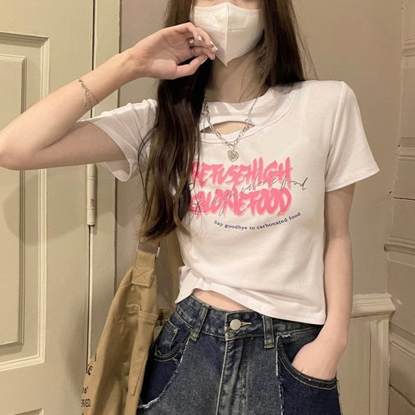 ホローフロント　穴あき　ショートTシャツ　mry000133