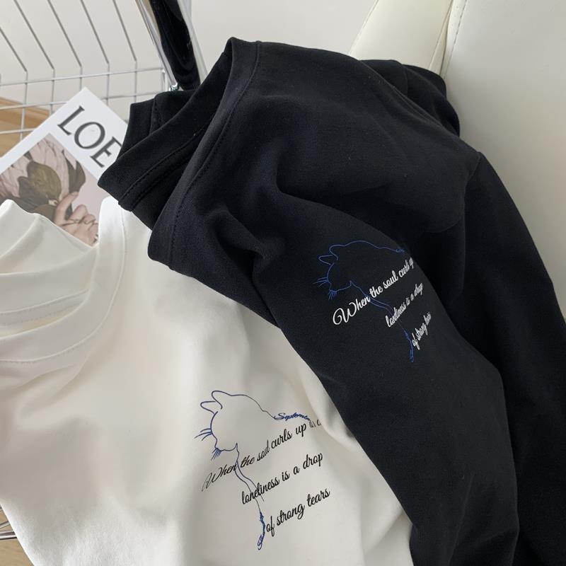 【送料無料】高級感 カジュアル 2カラー展開 ロングTシャツ キャットデザイン  シンプルコーデ 韓国カジュアル  mry000609