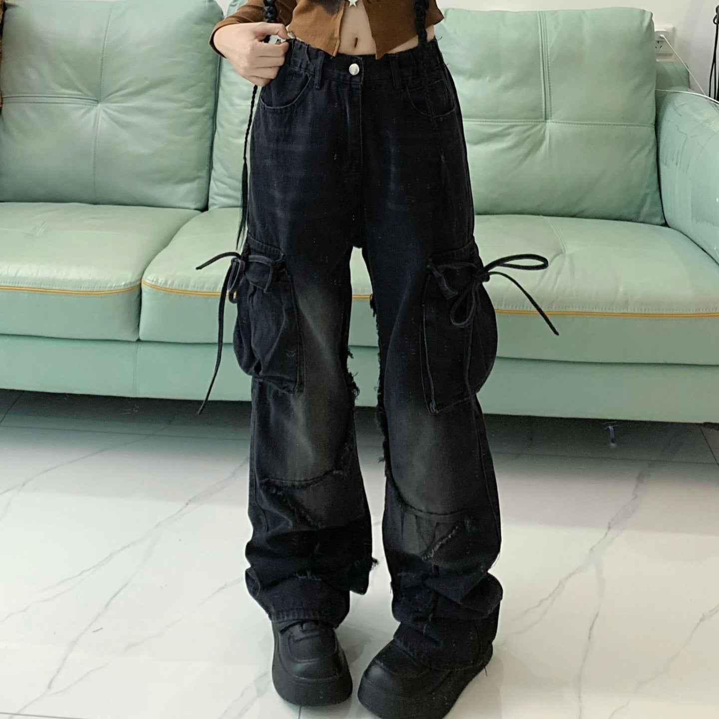 Denim Fabric Wide Cargo Pants  mry001232