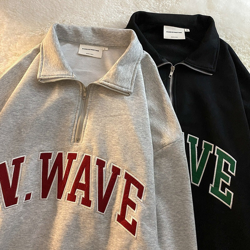 【送料無料】春アメリカン レトロ 2カラー レター刺繍 ハーフジップ トレーナー  韓国カジュアル 韓国ストリート 韓国ファッション　mry000544
