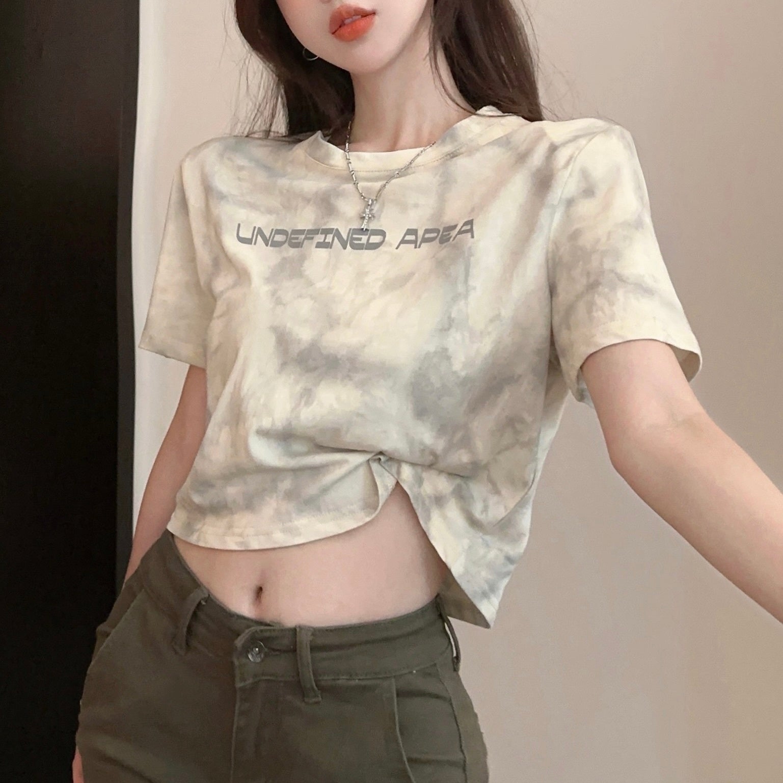 ２カラー展開 2023SS タイダイ柄 クロップド丈 レタリング 半袖 Tシャツ 韓国ストリート 韓国カジュアル　mry000840