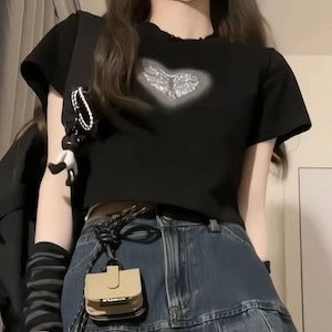 2023SS アームカバー付き クロップド丈 ハート プリント 半袖 Tシャツ 韓国ストリート韓国カジュアル　mry000852