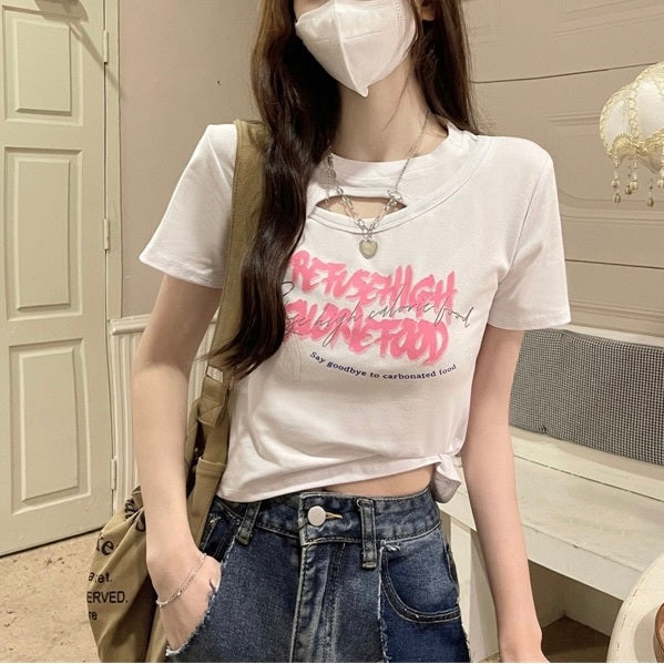 ホローフロント　穴あき　ショートTシャツ　mry000133