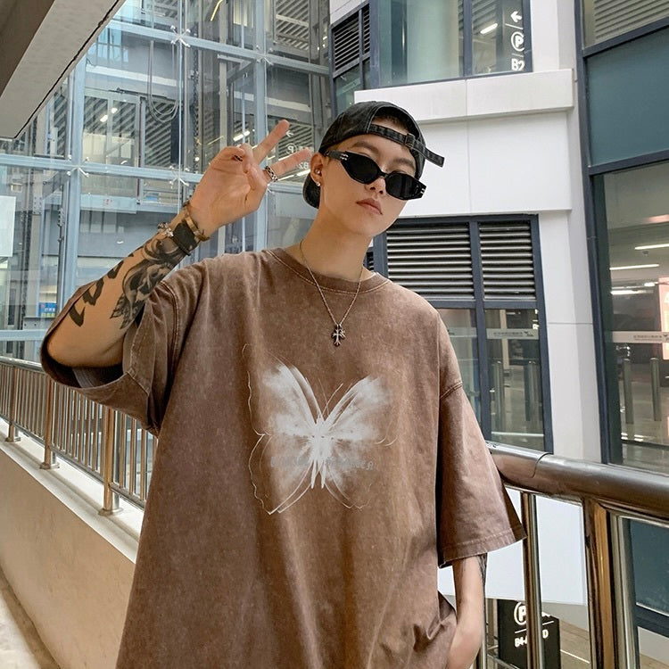 【送料無料】2カラー展開 2023SS レトロ グラフィック バタフライ ルーズ ビッグ Tシャツ ユニセックス 韓国ストリート 韓国カジュアル　mry000843