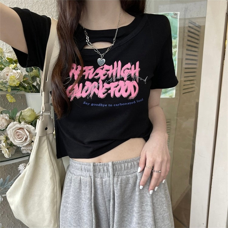 ホローフロント　穴あき　ショートTシャツ　mry000133