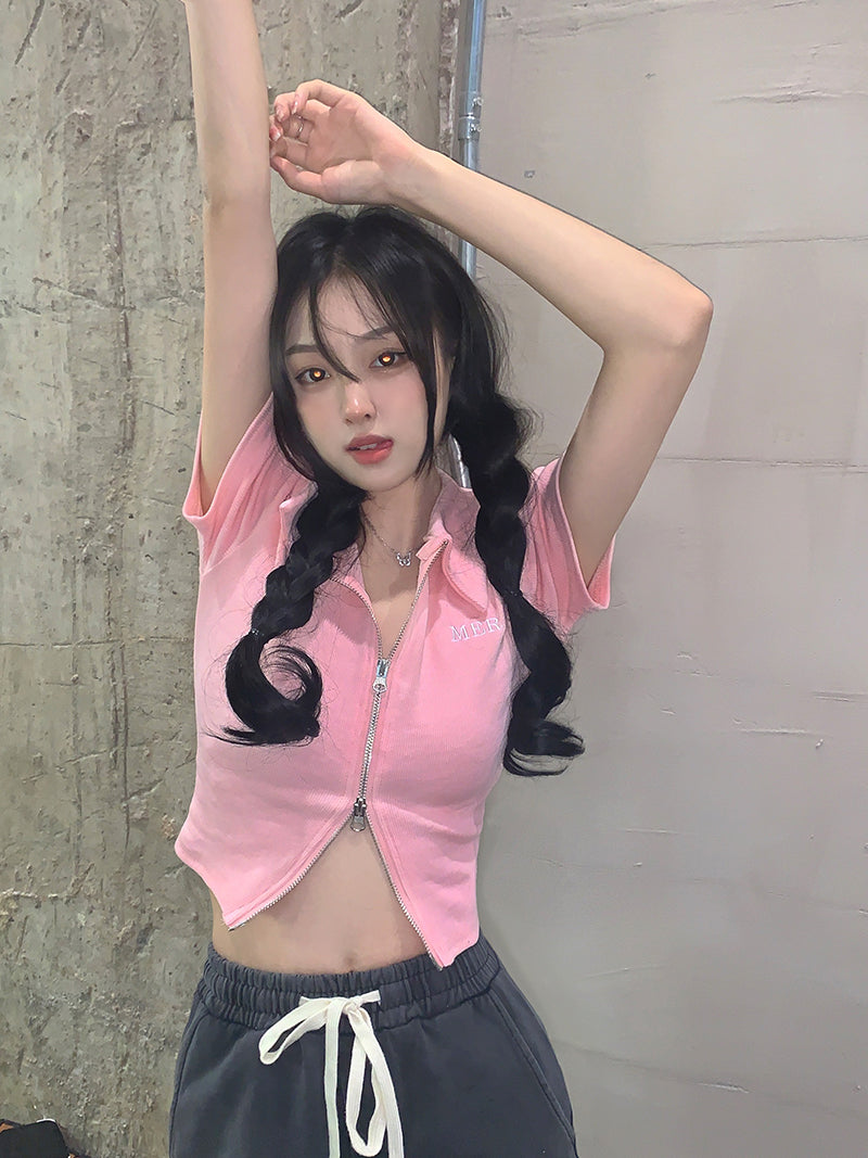 【送料無料】2カラー展開 センタージップ 半袖トップス 韓国カジュアル 韓国ガーリー  mry000671