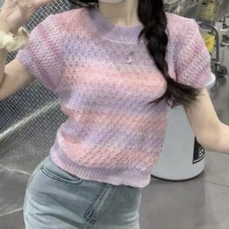【送料無料】4カラー展開 2023SS カラー 半袖ニット サマー セーター  韓国カジュアル 韓国ガーリー   mry000790