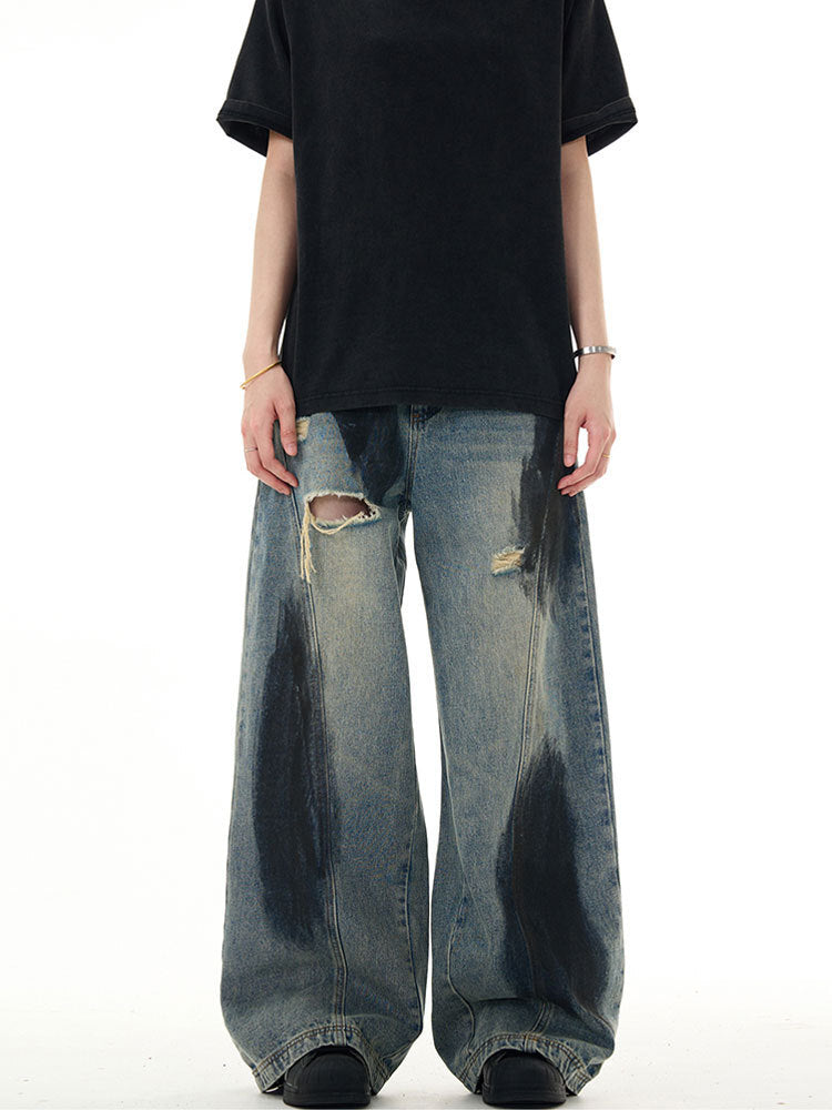Distressed Oil-Stained Wide-Leg Denim Pants mry001654
