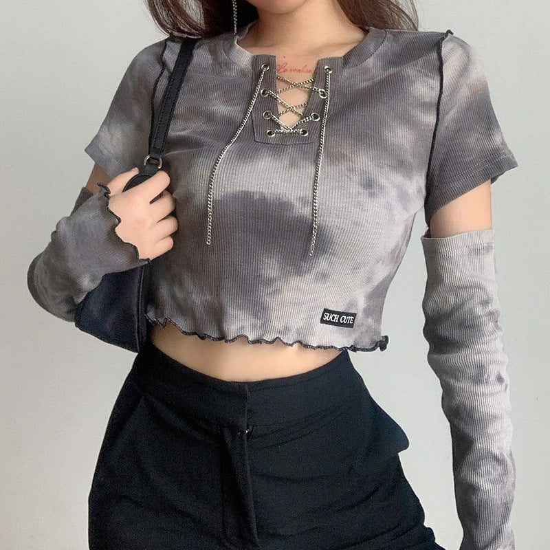 胸元チェーン　タイダイTシャツ　ショートクロップド丈　トップス　sle000199