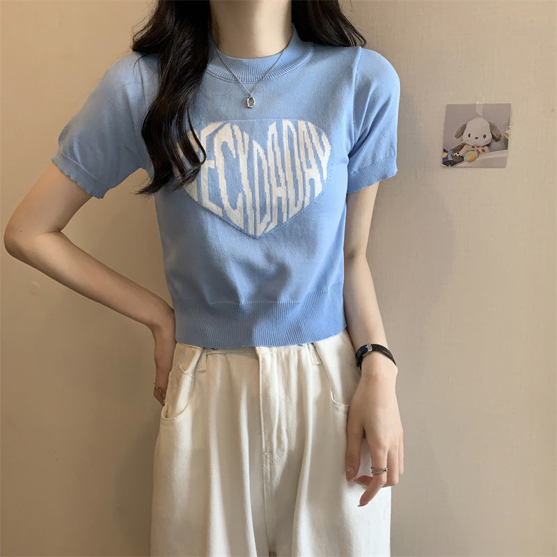 ハート フォント ゆったりショートトップ 半袖Tシャツ sle000055