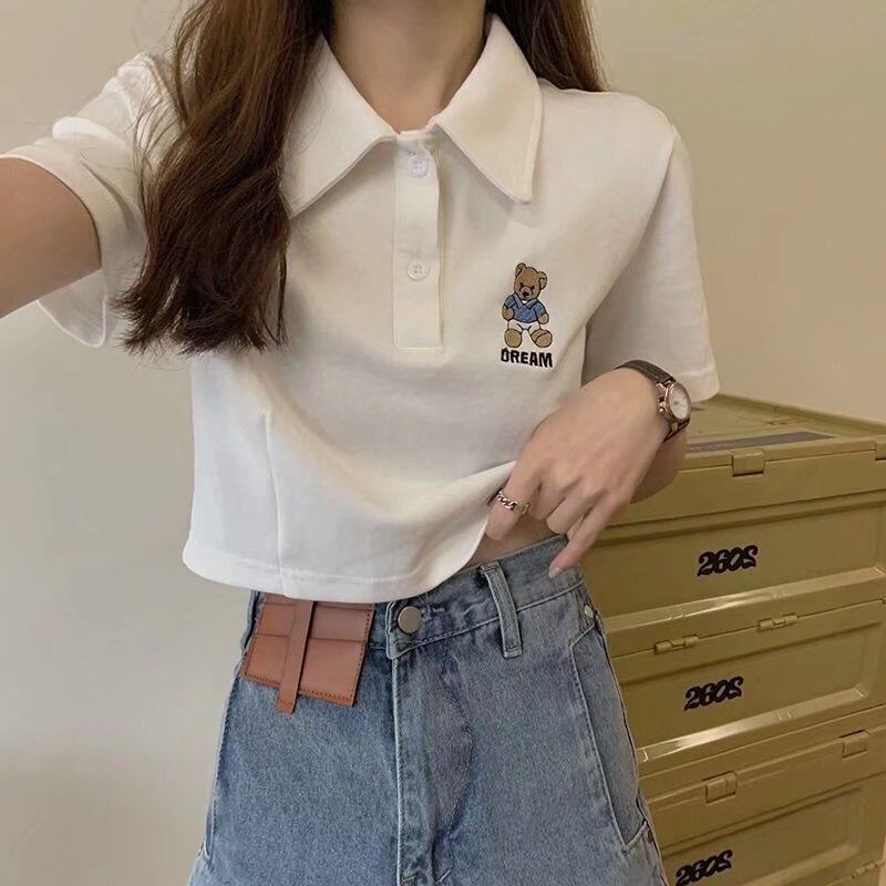 ショート丈 クマちゃん ワンポイント シャツ オールマッチ  mry000661