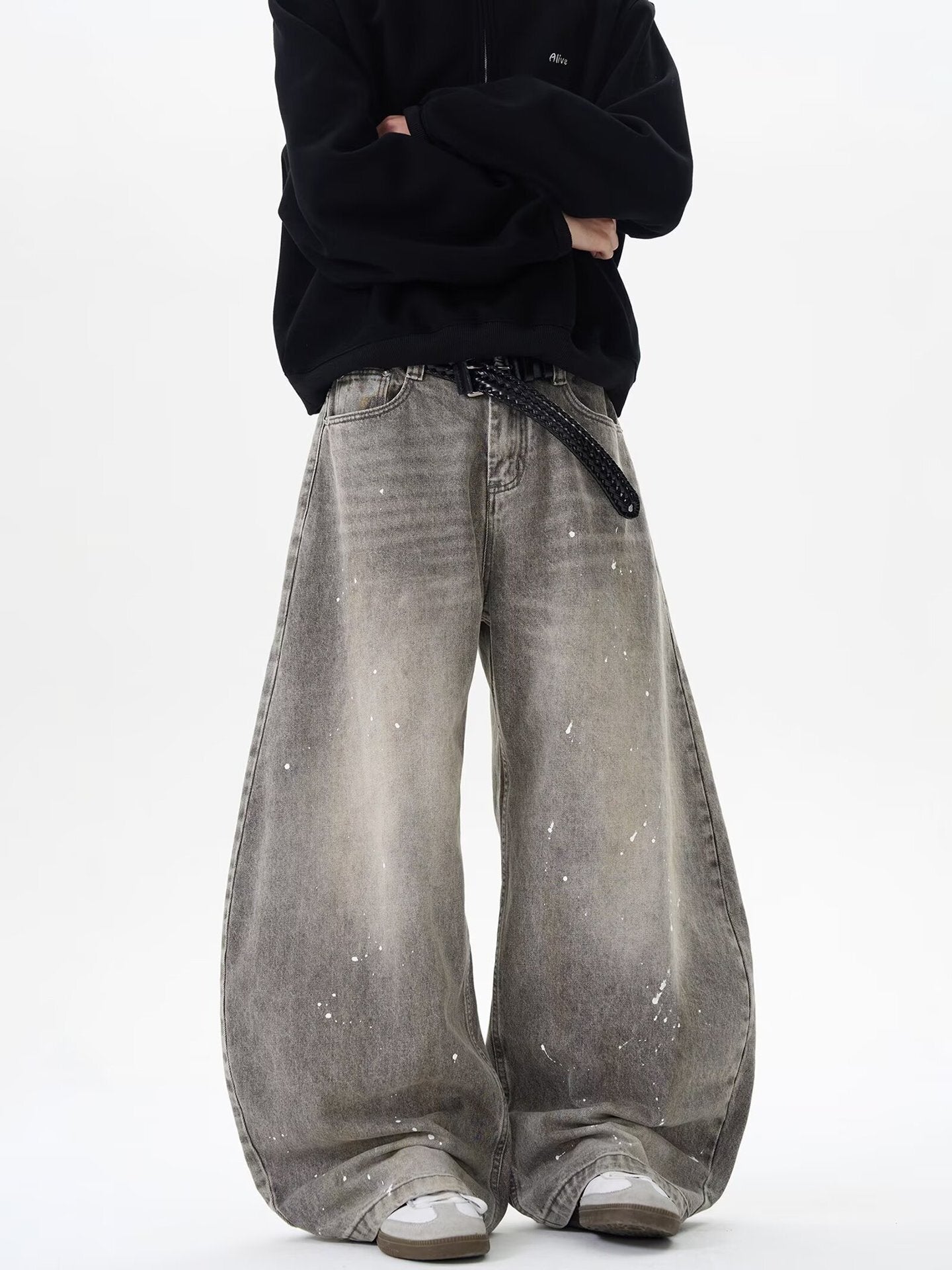 Grunge Paint-Splatter Wide-Leg Denim Pants mry001630