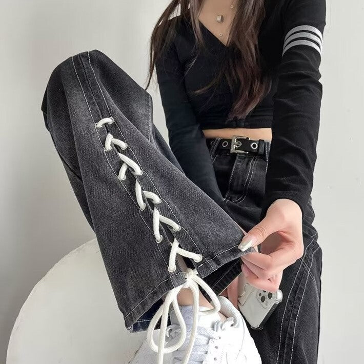 【送料無料】2023SS ブラック ストレート ジーンズ ハイウエスト ルーズ ワイドレッグ グラデーションパンツ 韓国カジュアル 韓国ストリート 韓国モード　mry000849
