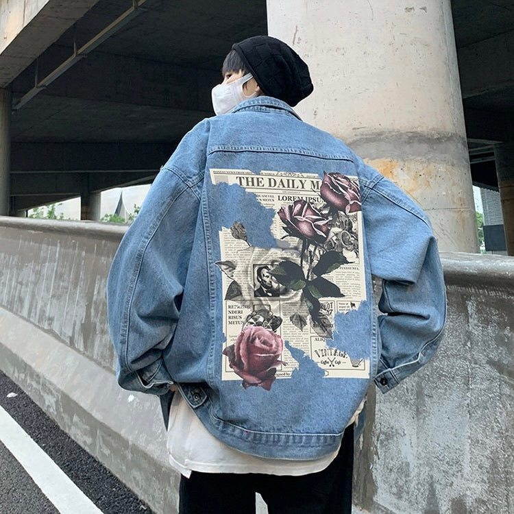 2カラー展開 アメリカン 韓国ストリート 韓国カジュアル レトロ バックプリント デニムジャケット mry001278