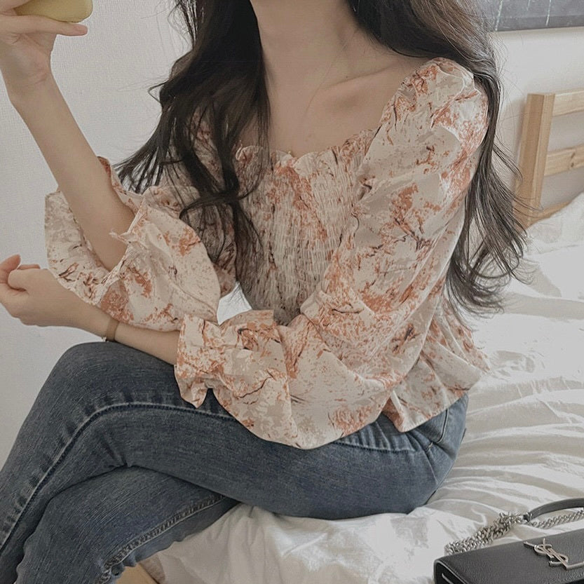 花柄ラッピング　ウエストゴム　オフショル　シフォン長袖シャツ　mry000061