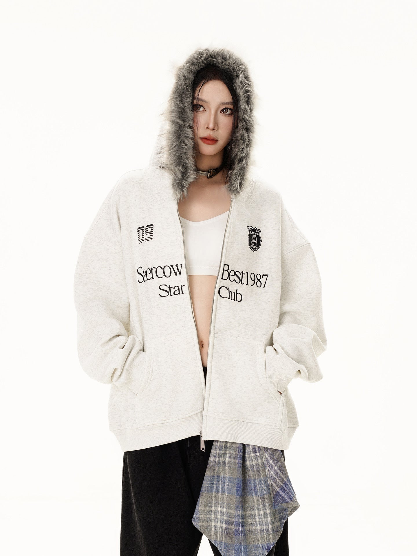 【2color】Fur Trimmed Vintage Club Zip Hoodie mry001633