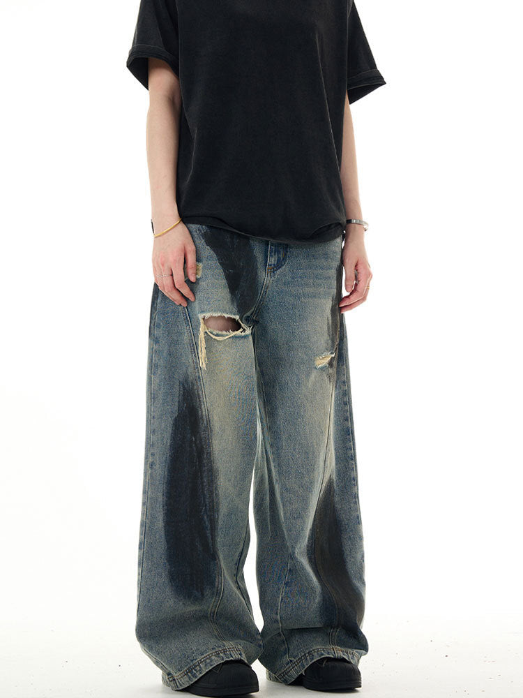 Distressed Oil-Stained Wide-Leg Denim Pants mry001654