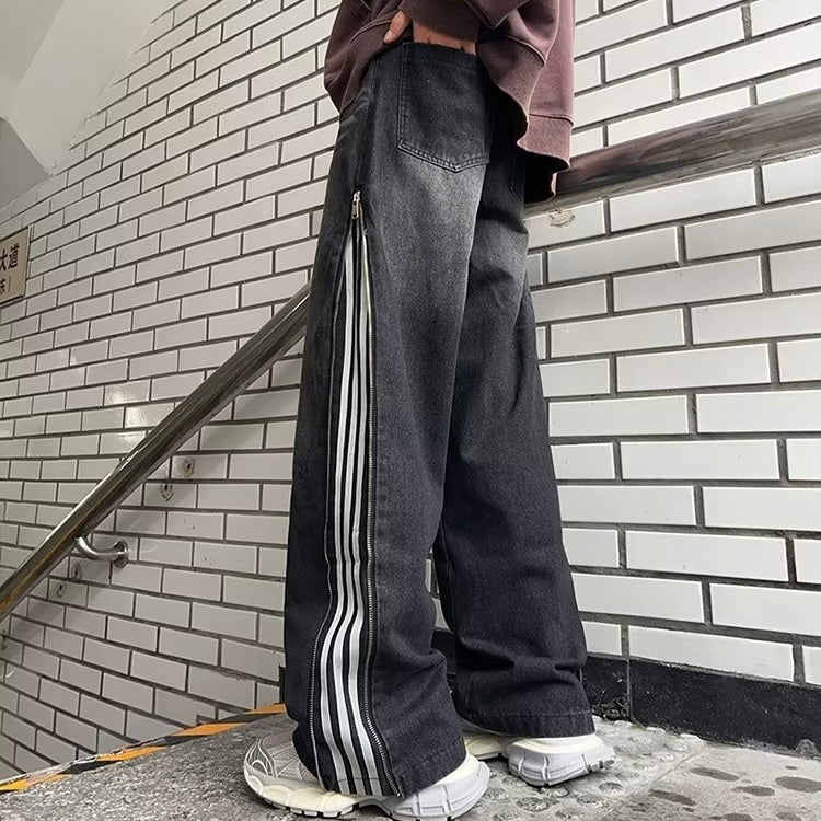 2カラー展開 韓国ストリート 韓国カジュアル トレンド ライン入り ワイドシルエット デニムパンツ mry001375