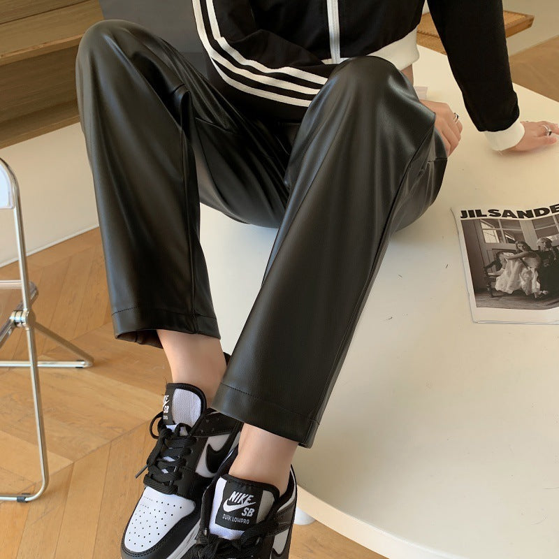 2カラー展開 ハイウエスト レザーパンツ カジュアル ストレートパンツ　mry001005