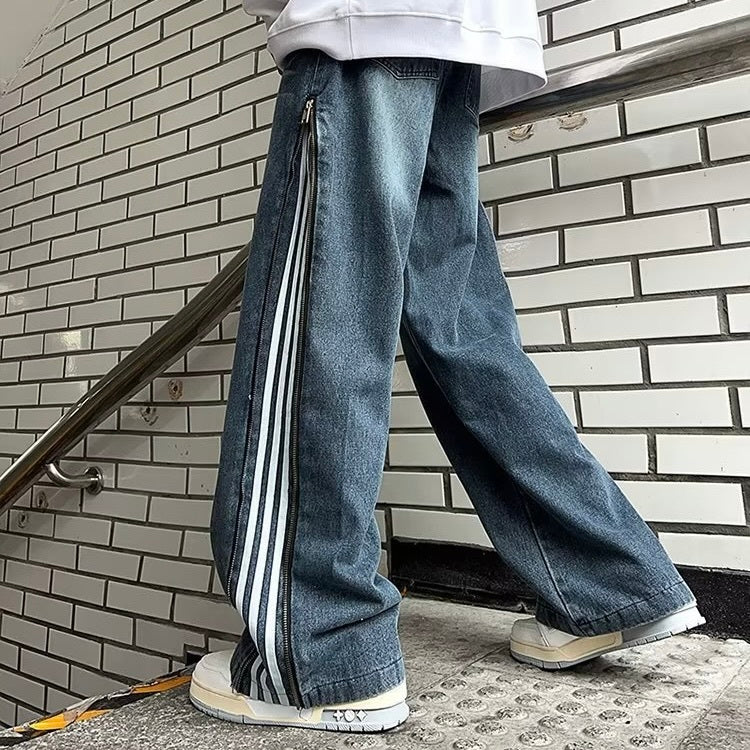 2カラー展開 韓国ストリート 韓国カジュアル トレンド ライン入り ワイドシルエット デニムパンツ mry001375
