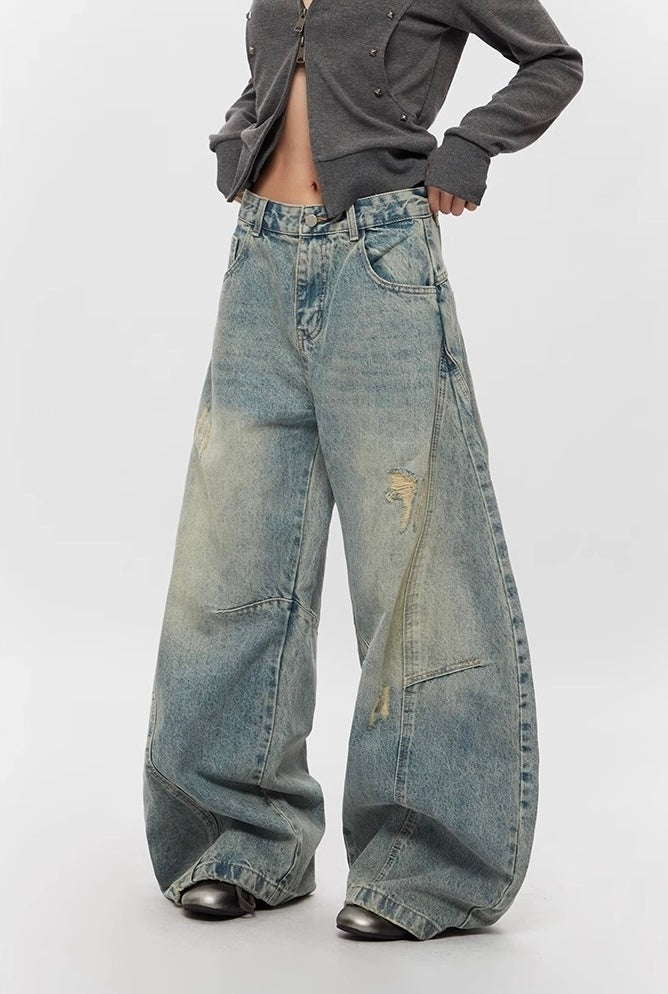 Vintage Wide-Leg Distressed Baggy Denim Pants mry001629